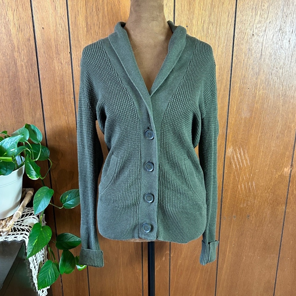 Vintage y2k American Eagle Mens Olive Green Knit Shawl Collar Button Cardigan L